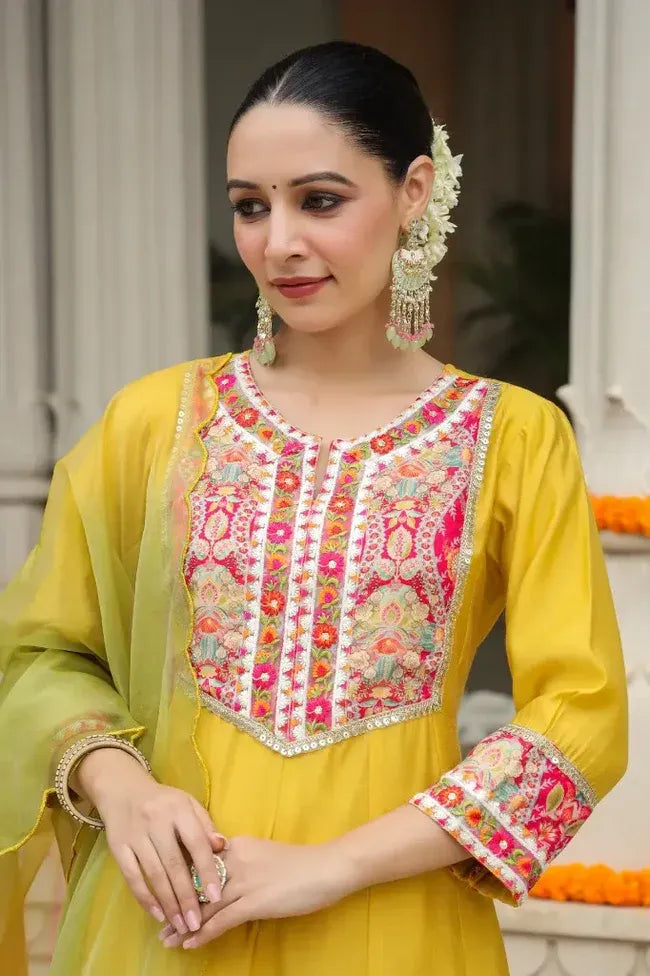 Premium Mustard Yellow Embroidered Anarkali Kurta Set with Multicolor Organza Dupatta