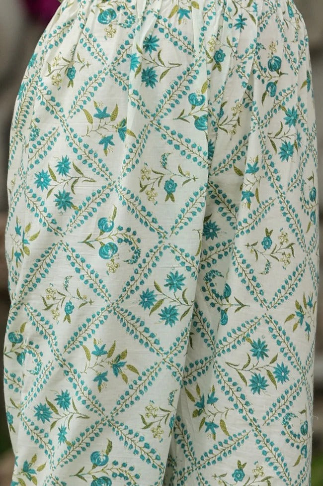 Premium White & Teal Floral Printed Anarkali Kurta Set with Cotton Dupatta