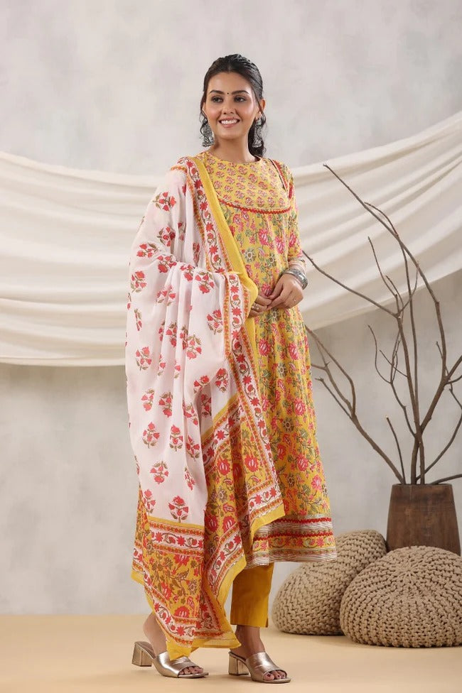 Premium Mustard Yellow Floral Printed Anarkali Kurta Set with Cotton Dupatta