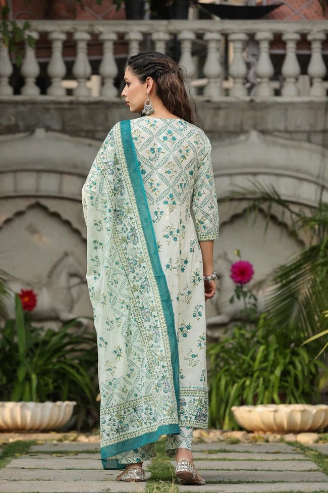 Premium White & Teal Floral Printed Anarkali Kurta Set with Cotton Dupatta