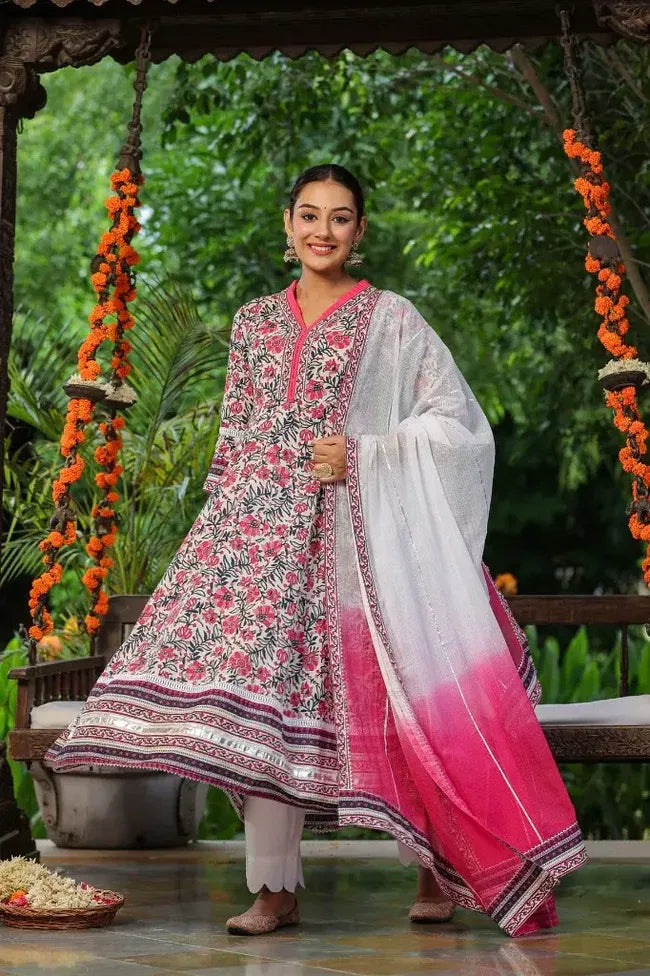 Premium White & Pink Floral Printed Anarkali Kurta Set with Ombre Dupatta
