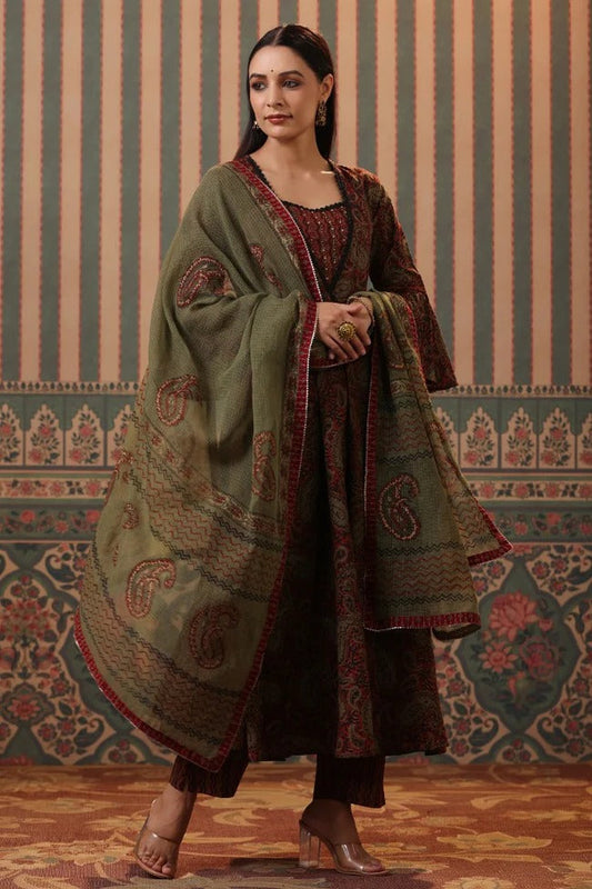 Premium Olive Green Paisley Printed Anarkali Kurta Set with Cotton Dupatta