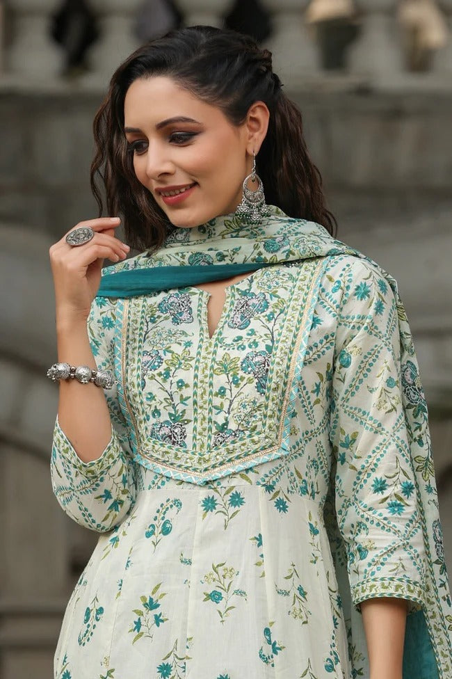 Premium White & Teal Floral Printed Anarkali Kurta Set with Cotton Dupatta