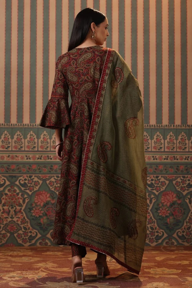 Premium Olive Green Paisley Printed Anarkali Kurta Set with Cotton Dupatta