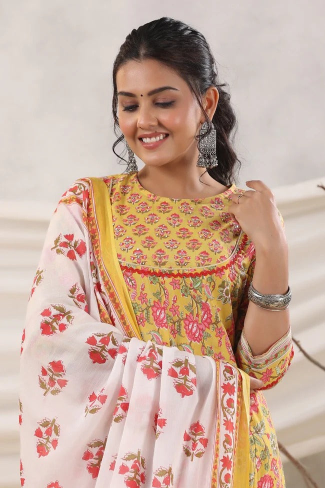 Premium Mustard Yellow Floral Printed Anarkali Kurta Set with Cotton Dupatta