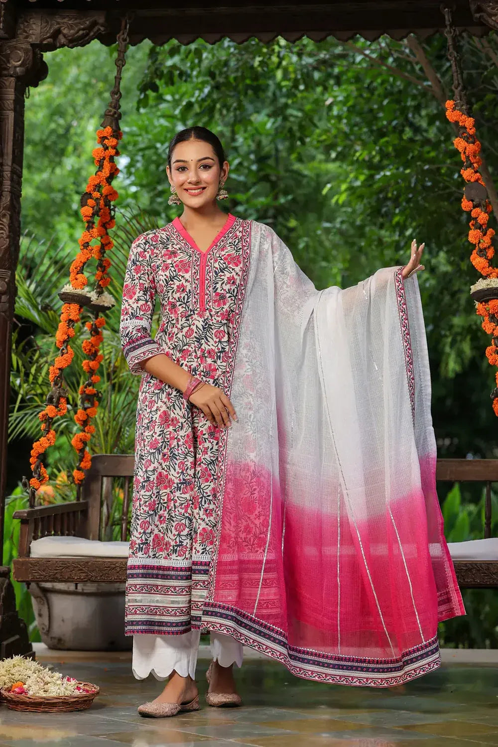 Premium White & Pink Floral Printed Anarkali Kurta Set with Ombre Dupatta