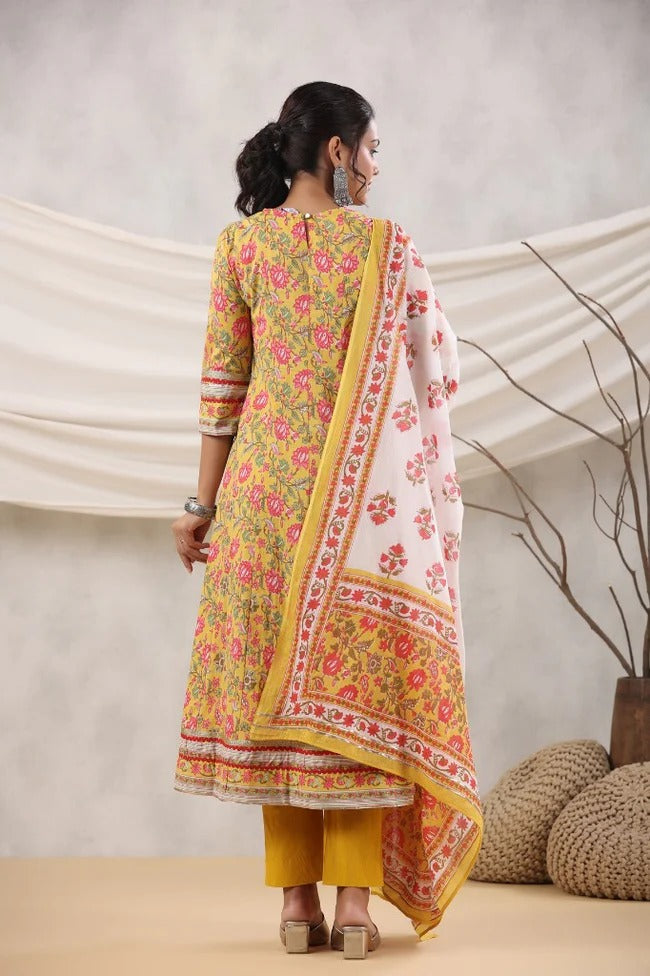 Premium Mustard Yellow Floral Printed Anarkali Kurta Set with Cotton Dupatta