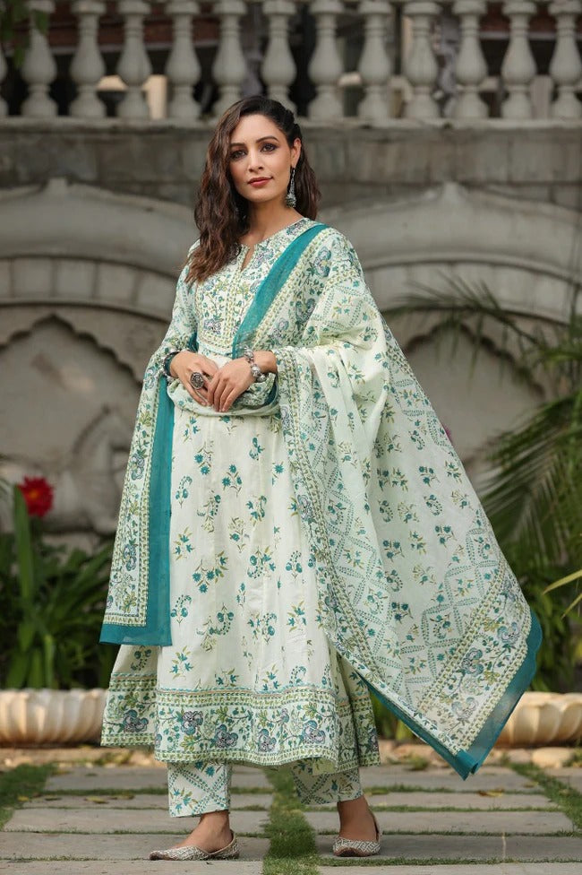 Premium White & Teal Floral Printed Anarkali Kurta Set with Cotton Dupatta