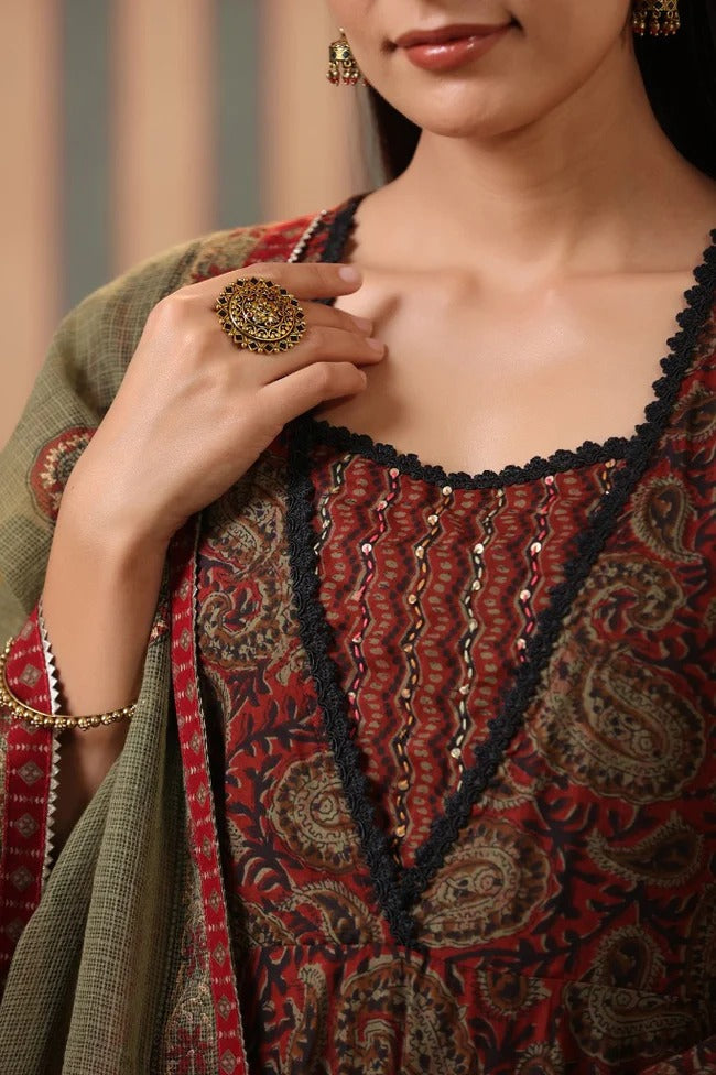 Premium Olive Green Paisley Printed Anarkali Kurta Set with Cotton Dupatta