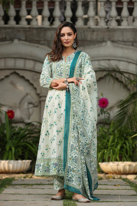 Premium White & Teal Floral Printed Anarkali Kurta Set with Cotton Dupatta