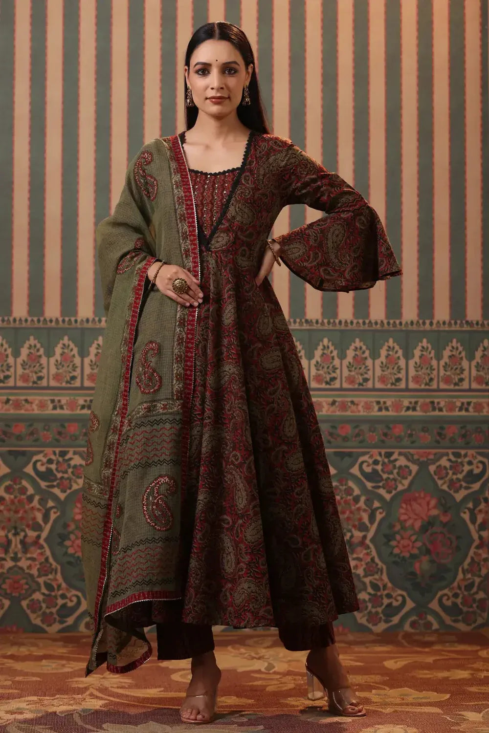 Premium Olive Green Paisley Printed Anarkali Kurta Set with Cotton Dupatta