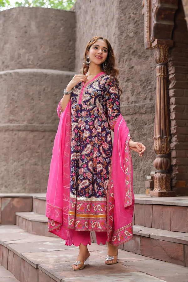 Premium Navy Blue Floral Printed Anarkali Kurta Set with Pink Dupatta